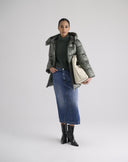 Forest Green Satin Medium Puffer Jacket with Ruffles