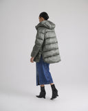 Forest Green Satin Medium Puffer Jacket with Ruffles