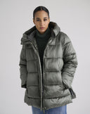 Forest Green Satin Medium Puffer Jacket with Ruffles