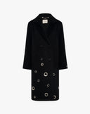 Double-Breasted Long Coat with Appliqués - Black